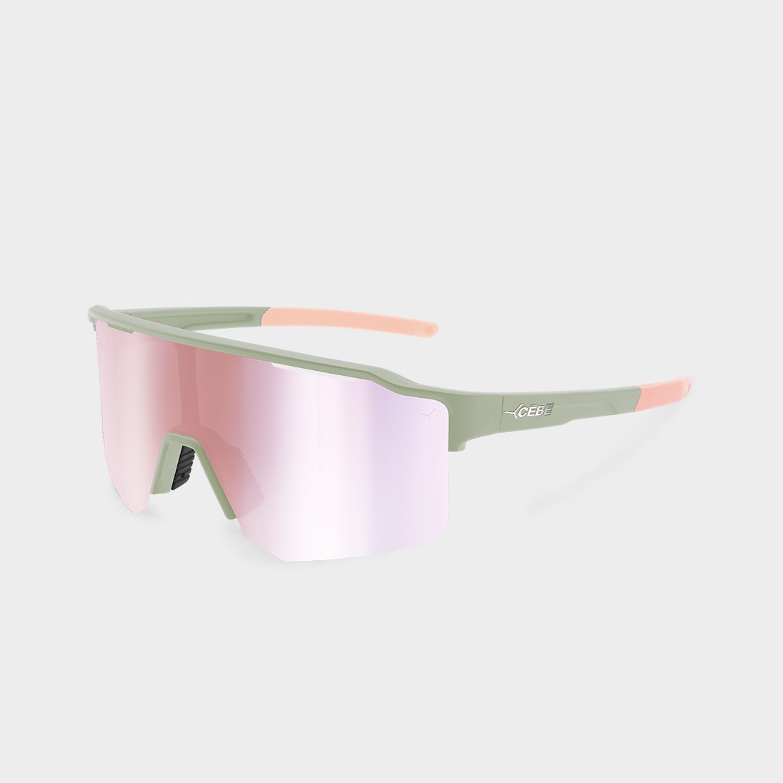 Lunettes de soleil sport Cébé OUTFLOW LITE catégorie 3 S — vue de 3/4, taille small semi-rimless, couleur vert et rose