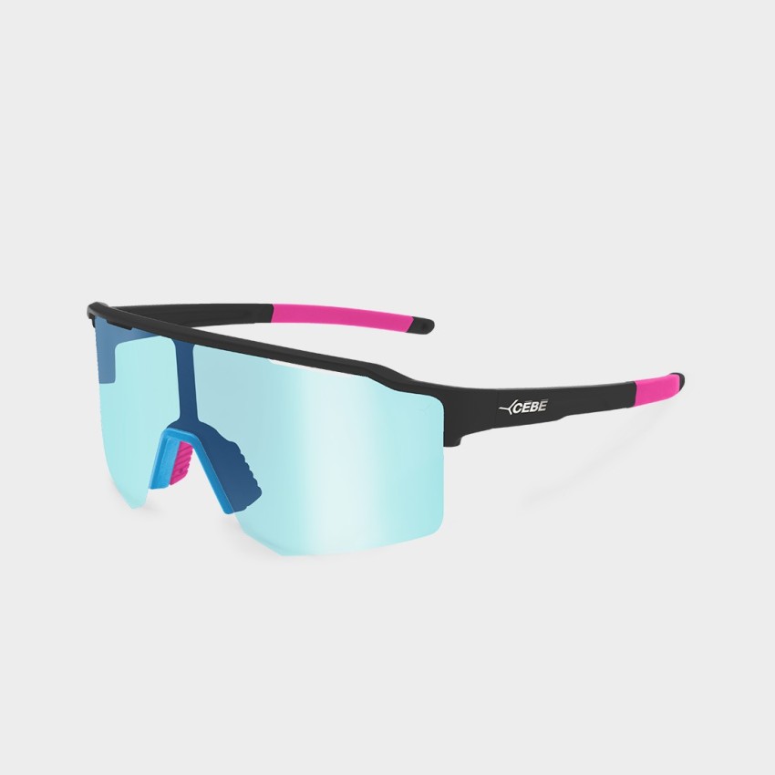Lunettes de sport Cébé OUTFLOW LITE S Photochromique — vue de 3/4, taille small semi-rimless, couleurs noir, bleu et rose, ombre