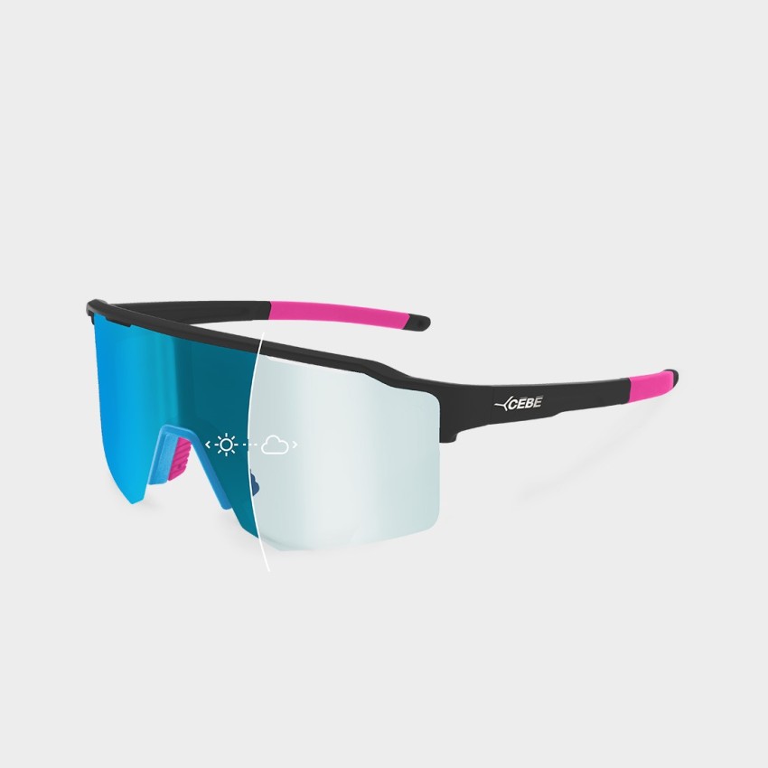 Occhiali sportivi fotocromatici Cébé OUTFLOW LITE S - visione a 3/4, taglia small semi-rimless, colori nero, blu e rosa